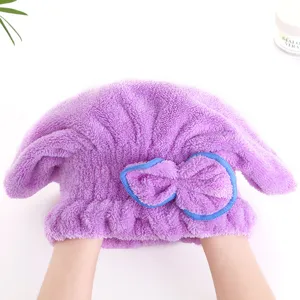 Toalla de secado de pelo de vellón de coral, gorro de ducha con lazo para secar el cabello rápido.