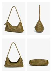 Detailed view of olive green woven leather shoulder hobo bag, handcrafted texture display.