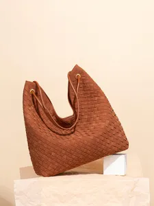 Sac cabas tissé en daim marron pour femme, grand sac à épaule pour le travail quotidien.