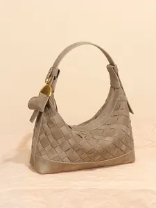 Sac à Épaule en Daim Tissé pour Femmes Sac Sous le Bras Demi-Lune Hobo Vintage Dumpling Sac avec Fermeture Éclair et Charme de Cœur