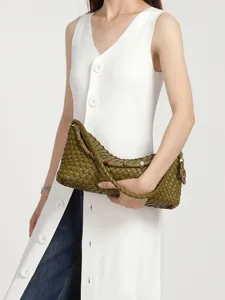 Woven leather hobo shoulder bag for women, chic dumpling handbag with bead strap, olive green.
