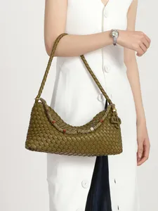 Olive green woven leather hobo shoulder bag for women, stylish underarm dumpling bag.