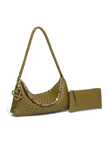 Women hand-woven olive green hobo shoulder bag with pouch, stylish chic dumpling underarm bag.