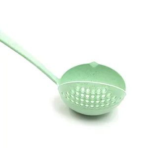 Long handle 2-in-1 soup ladle and strainer, wheat straw plastic colander for hot pot.