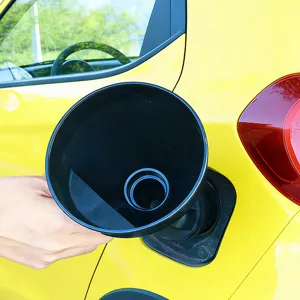 Detailed view of black plastic car fuel funnel showing wide mouth design for easy pouring.