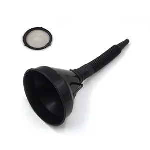 Flexible plastic oil funnel detail shot showing removable mesh filter for vehicle fluid transfer.