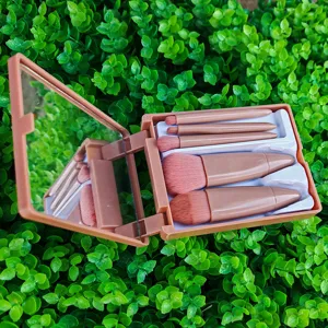 Portable Travel Makeup Brush Kit With Mirror Pink Plastic Case Soft Synthetic Face Powder Blush And Eyeshadow Brushes