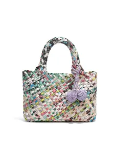 Women Niche Design Colorful Newspaper Poster Print PU Woven Handbag With Pouch Fashion Shoulder Crossbody Tote Bag For Daily Travel