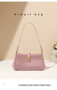Elegante rosa gewebte Damen Umhängetasche, stilvolle hohle Baguette Handtasche chic.