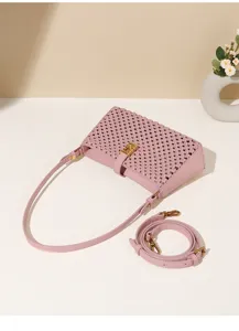 Rosa geflochtene Umhängetasche für Damen, elegante Handtasche aus Leder mit Metallverschluss.