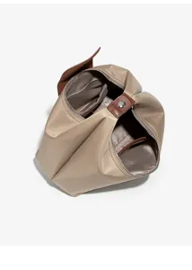 Waterdichte nylon opvouwbare handtas met bruine lederen flap, casual dagelijkse tas.