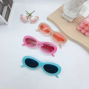 Trendy oval sunglasses in multi-colors displayed with aesthetic props in a detailed shot.