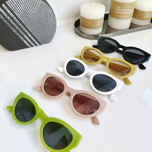 Close-up detail of trendy colorful oval cat-eye sunglasses set on a clean white surface.