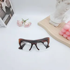 Trendy cat-eye half-frame glasses frame for women, stylish brown gradient optical plain eyewear.