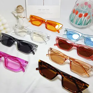 Stylish retro narrow cat-eye sunglasses for women, trendy multi-color Y2K street style shades.