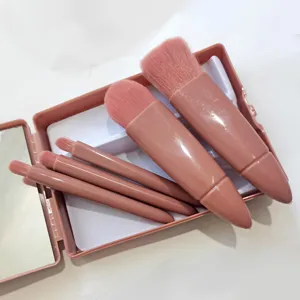 Portable travel 5-piece makeup brush set with mirror case, pink cosmetic beauty tools.