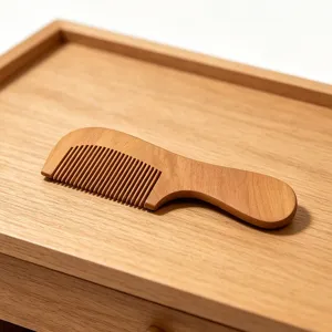 Portable solid wood hair comb detail, fine teeth and smooth texture for daily styling.