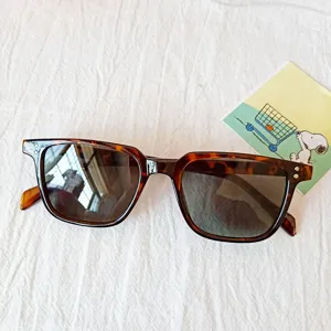 Close-up view of trendy square tortoiseshell sunglasses with acetate frames and lenses.