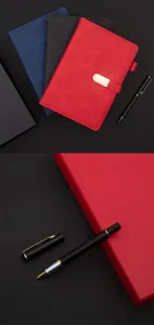 A5 business notebook and pen gift set detail view, showing premium leather cover and metal pen.