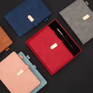 A5 business notebook gift set with premium PU leather cover and matching pen for office use.