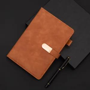 A5 business notebook gift set with brown leather cover, luxury box and pen for office work.