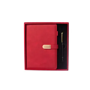 A5 business notebook gift set with red leather cover and black pen in elegant box for office.