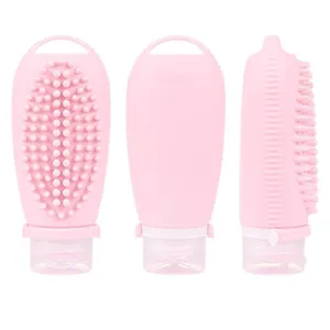 Silicone travel bottle 100ml with massage brush leakproof refillable container for toiletries pink
