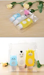 Set di flaconi da viaggio in silicone con simpatici animali in una comoda busta trasparente.