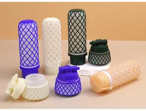 Silicone travel bottles detail shot, showcasing various colors and mesh protective sleeves.