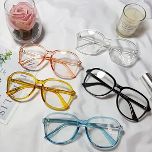 Detailed view of fashionable large frame transparent flat light glasses in multiple vibrant colors.