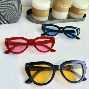 Detailed shot of trendy cat-eye sunglasses with colorful lenses, stylish everyday street wear.