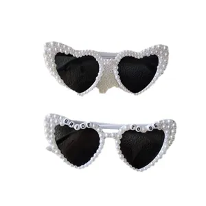 Perlen Herz Sonnenbrille fuer Damen weisse Braut Party Retro Trend Brille Mode Style.