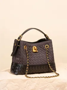Retro Woven Contrast Suede Tote Bag For Women 2025 New Fashion Bucket Bag Metal Chain Crossbody Shoulder Bag Handbag
