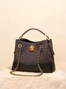 Retro woven suede bucket bag for women, chic patchwork tote bag with chain strap 2025