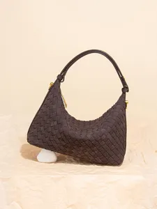 Dark brown woven leather hobo shoulder bag, vintage style chic retro daily handbag for women.