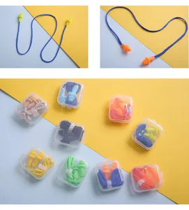 Tappi per le orecchie antirumore in silicone con cordino, dettagli scatola trasparente.
