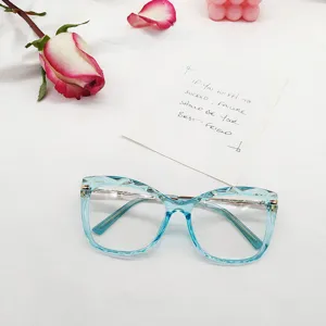 Clear blue cat-eye optical glasses frame with crystal faceted design for daily wear.