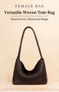 Bolso hobo de cuero trenzado marrón oscuro vista detallada, diseño de bolso tote suave artesanal.