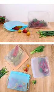 Silicone food storage bag details, reusable leakproof kitchen organizer for fresh fruit vegetables.