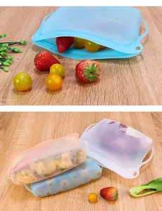Reusable silicone food storage bags for fresh vegetables and fruit, microwave and fridge safe.