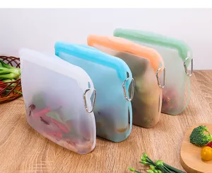 Reusable silicone food storage bags with sealing bars and hanging hooks, multi-color set.