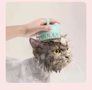 Silicone pet bath brush with dispenser, massage hair cleaning brush for cats and dogs green.
