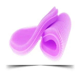 Multifunctional purple silicone dishwashing brush for kitchen cleaning, safe for fruits and pots.