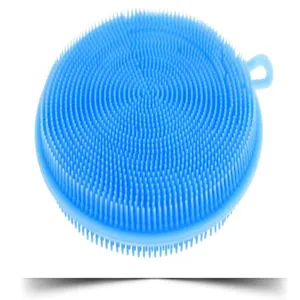Silicone dish washing brush detail view, flexible bristles clean kitchenware safely easily.
