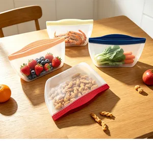 Reusable silicone food storage bags, leakproof ziplock kitchen organizer for meal prep.