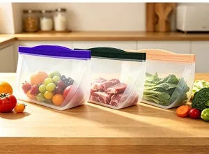 Silicone food storage bag detail view, reusable freezer bag with leakproof seal design.