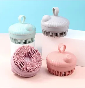 Silicone shampoo brush with liquid dispenser for scalp massage and bath cleaning, soft bristles.