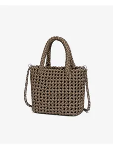 Sac cabas tressé marron fait main avec bandoulière chaîne et poignées pour style chic