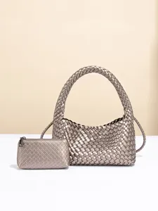 Metallicgraue geflochtene Lederschultertasche Hobo Tasche mit passender kleiner Tasche.