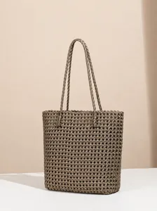 Style Harajuku Tissé à la Main Satin Sac à Épaule Sac Cabas Grande Capacité Minimaliste Motif de Diamant Cordon de Serrage Navettage Sac pour Unisexe